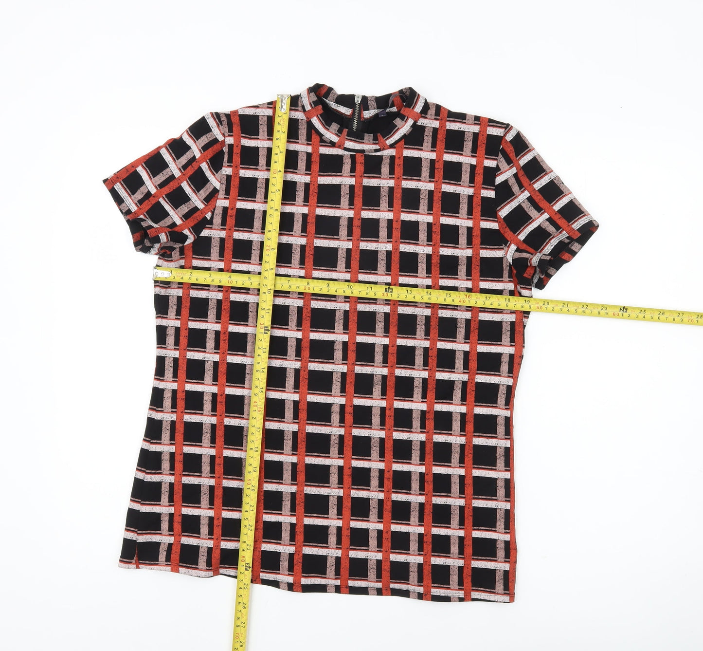 Marks and Spencer Women’s Black Red Check Mock Neck T-Shirt Top Size 12