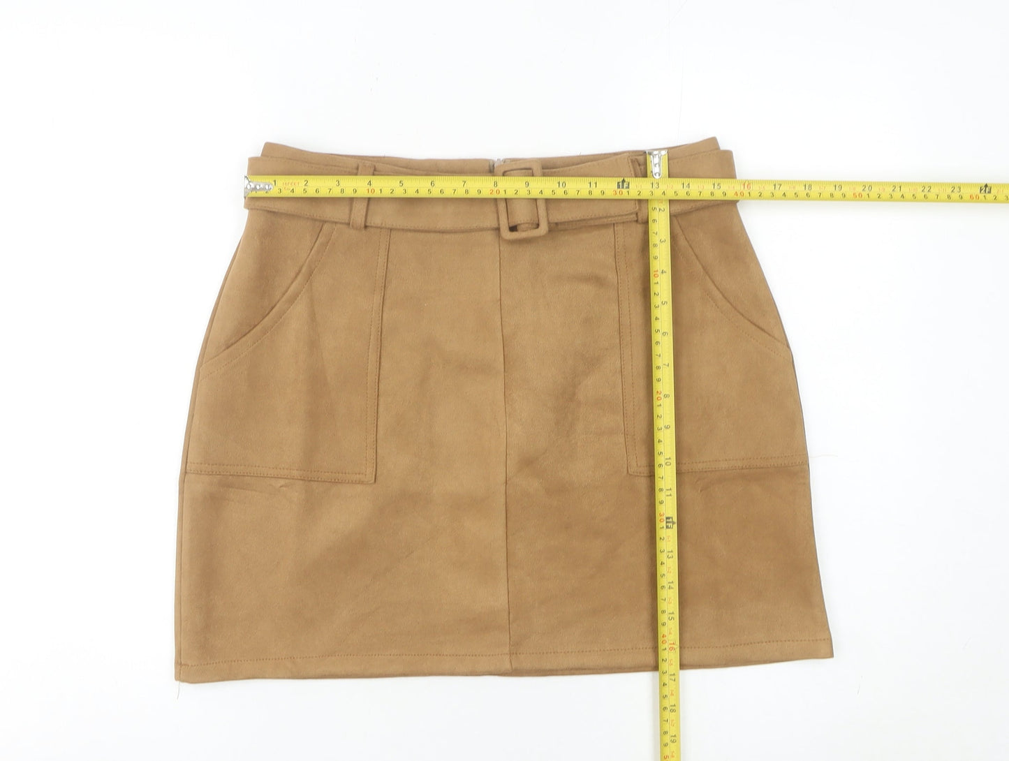 QED London Women Brown Short Skirt L High Waist Pencil Style