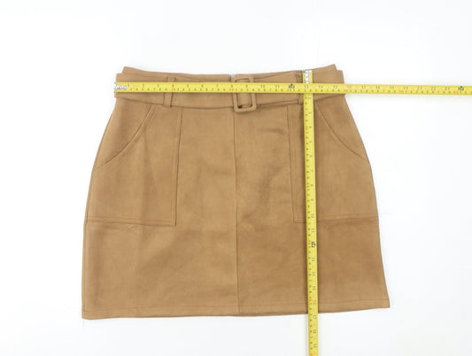 QED London Women Brown Short Skirt L High Waist Pencil Style