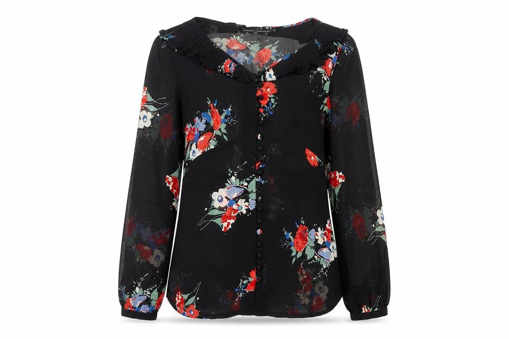 Next Women’s Black Floral Chiffon Blouse UK 10 Long Sleeve Tunic