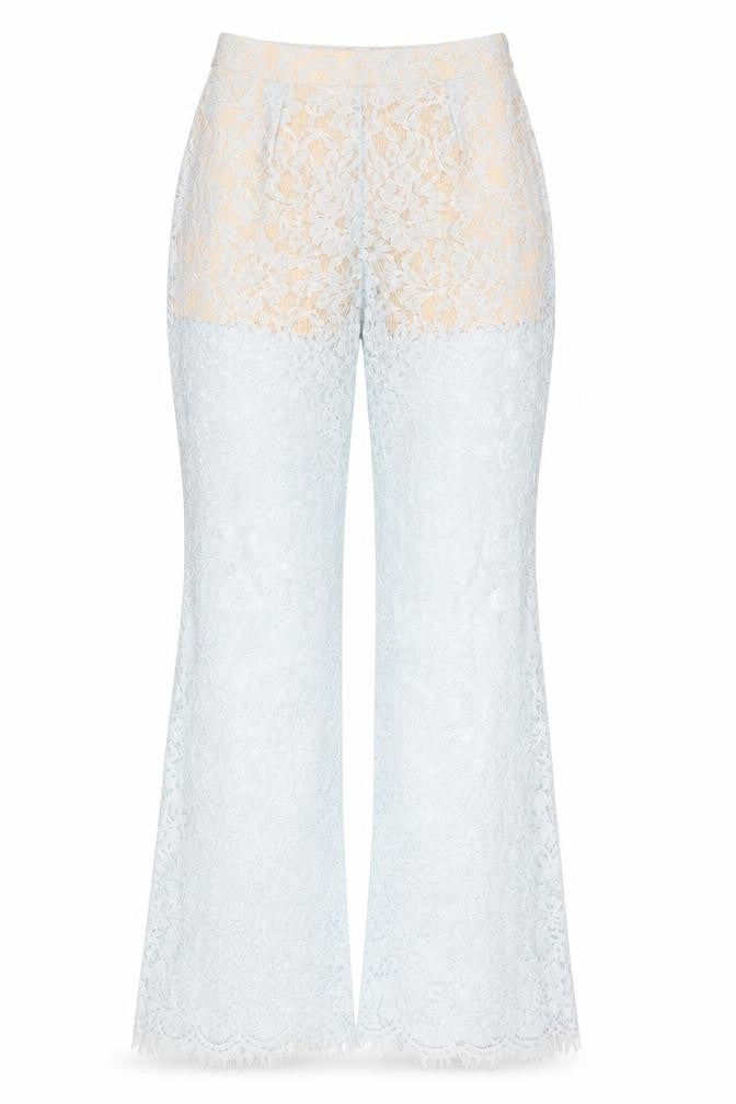Front view of In The Style women’s blue lace flared dress pants, size UK 6