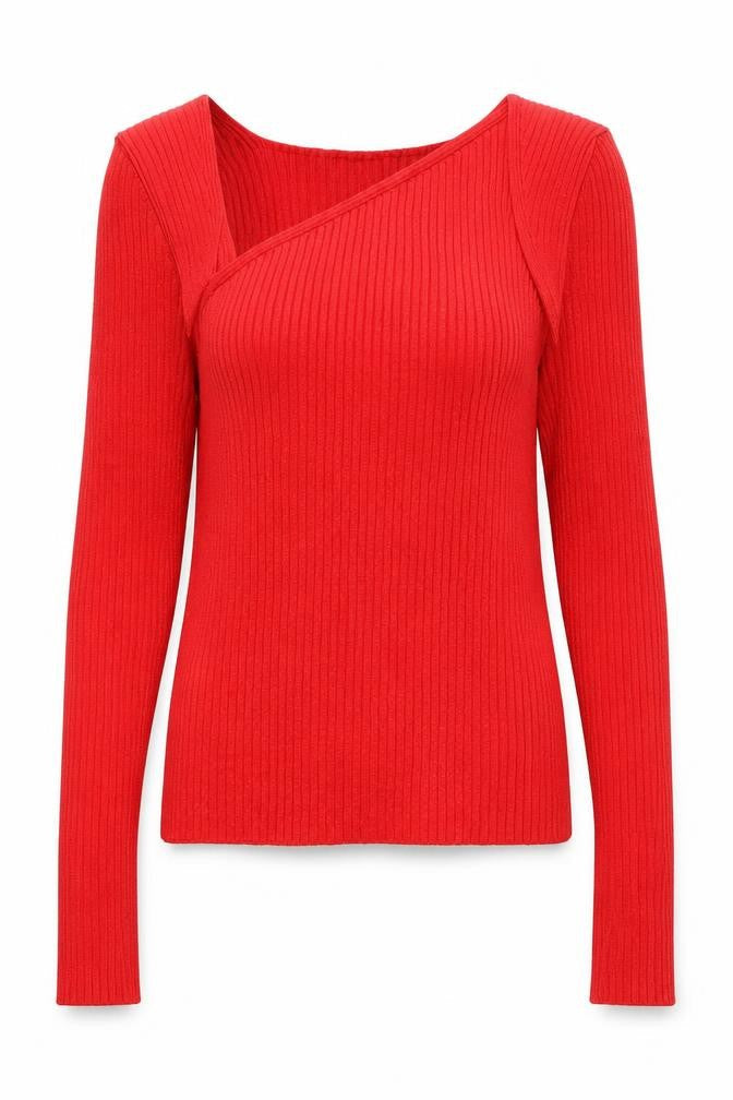 H&M Women Red XS Asymmetrical Neck Ribbed Slim Fit Jumper