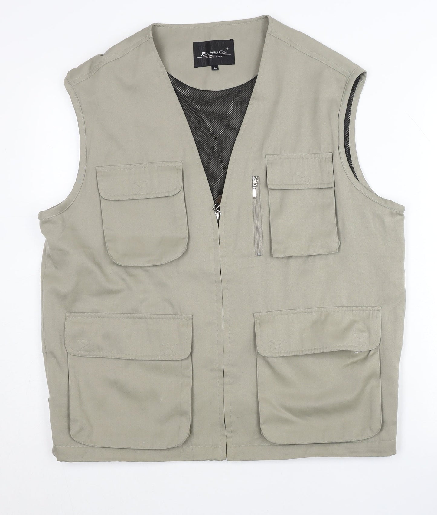 Bo Shi Te Men's Beige Waistcoat L Cotton Outdoor Multi Pocket
