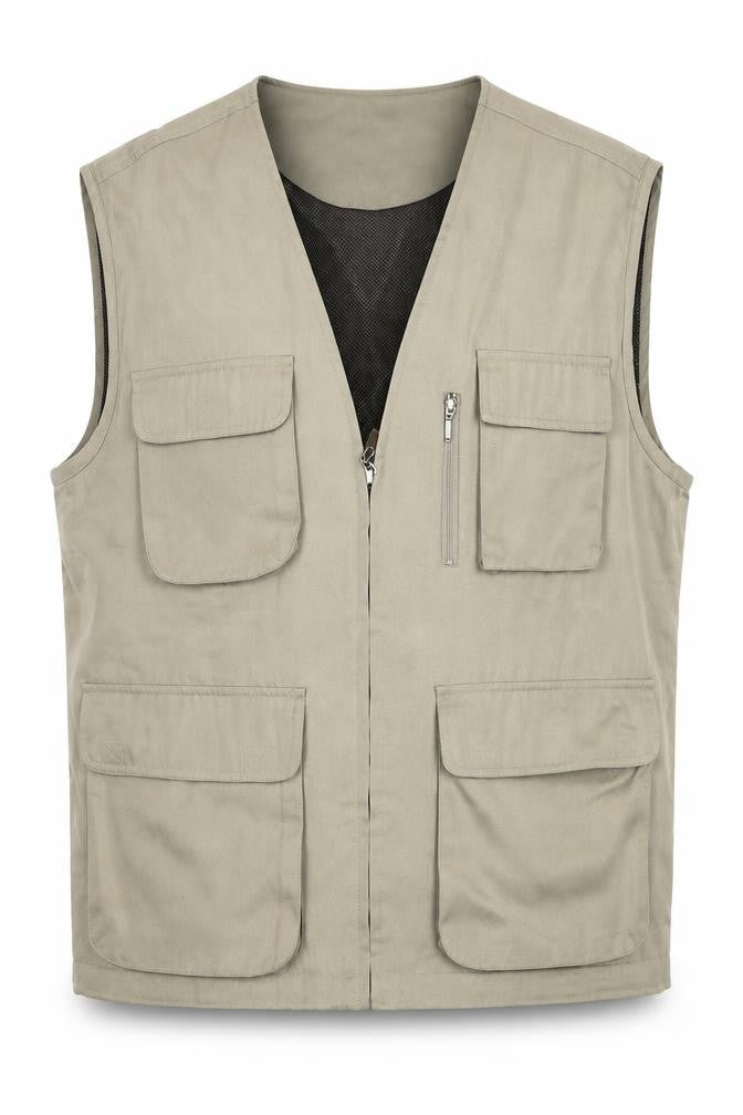 Bo Shi Te Men's Beige Waistcoat L Cotton Outdoor Multi Pocket