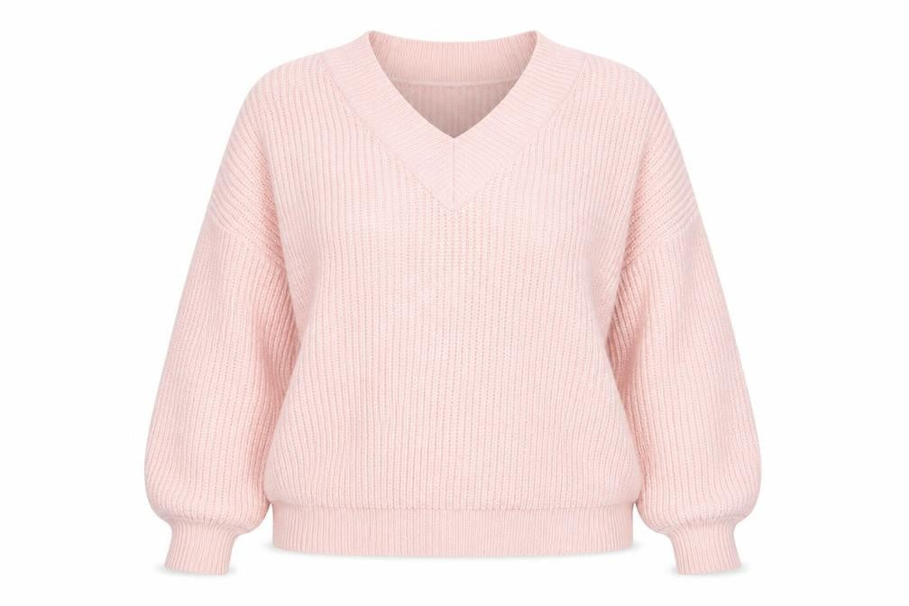 Front view of ASOS DESIGN women’s pink v-neck chunky knit jumper, size UK 18