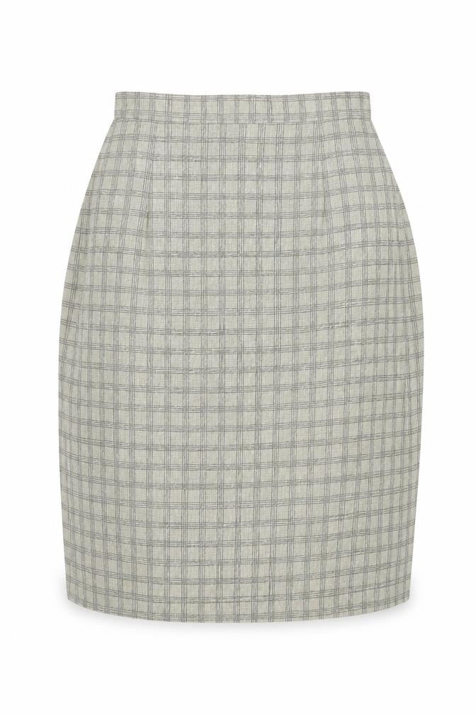 Front view of August Silk women’s grey check pencil skirt, size UK 4, workwear