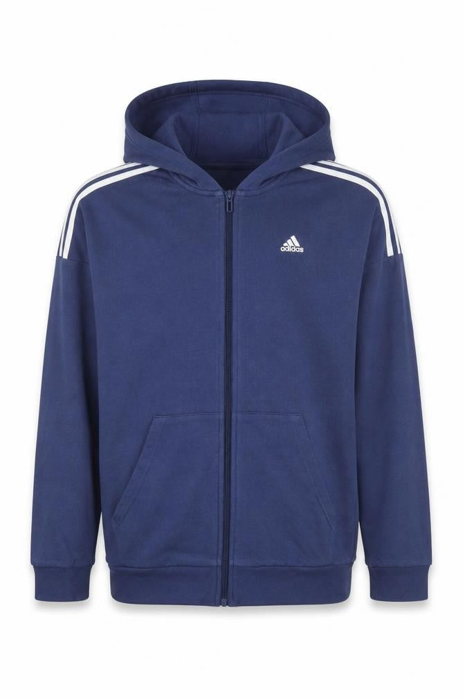 Front view of Adidas boys’ blue full zip hoodie 15-16y xl sports logo activewear