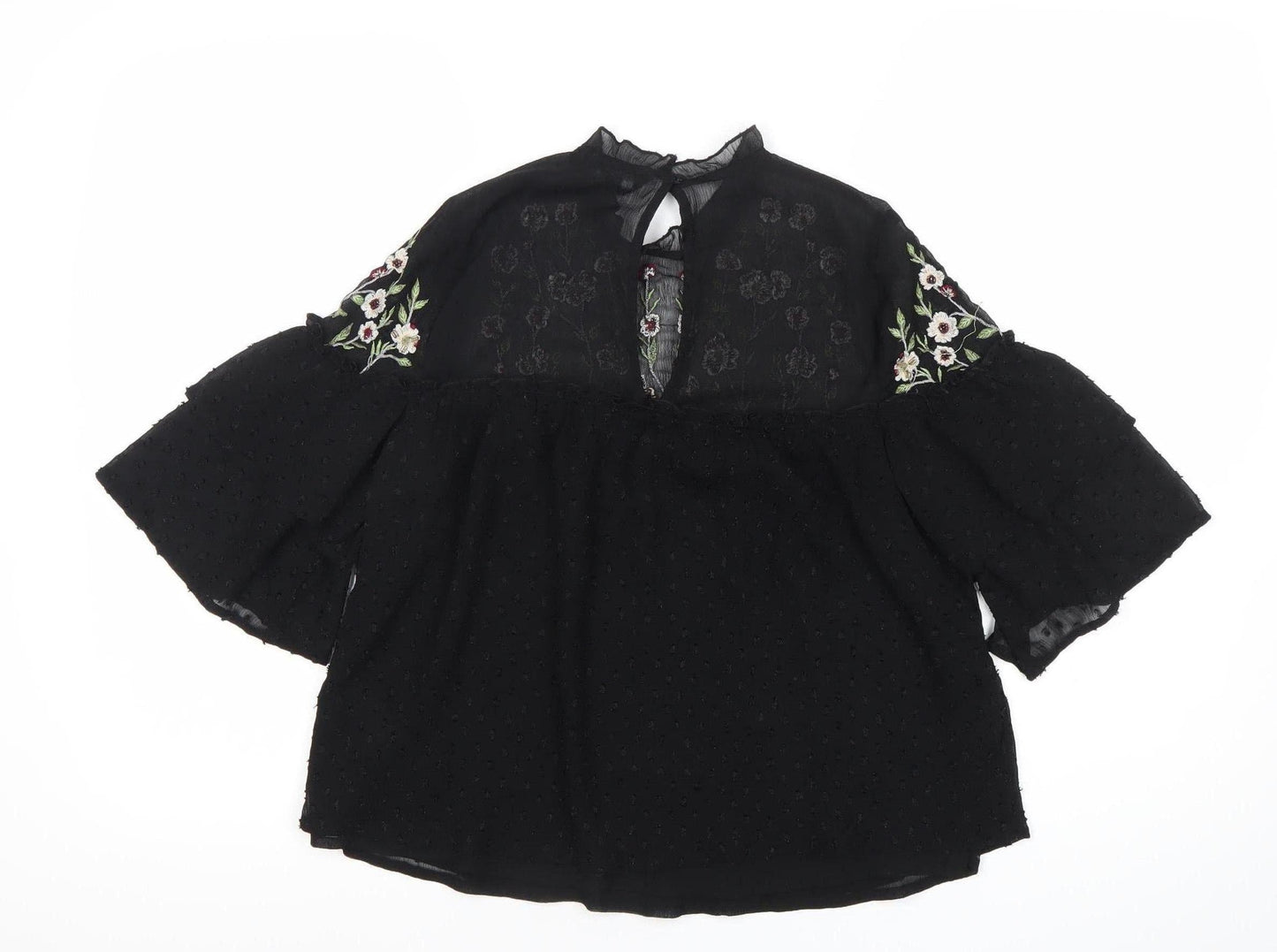 New Look Womens Black Floral Embroidered Tunic Blouse Size 8