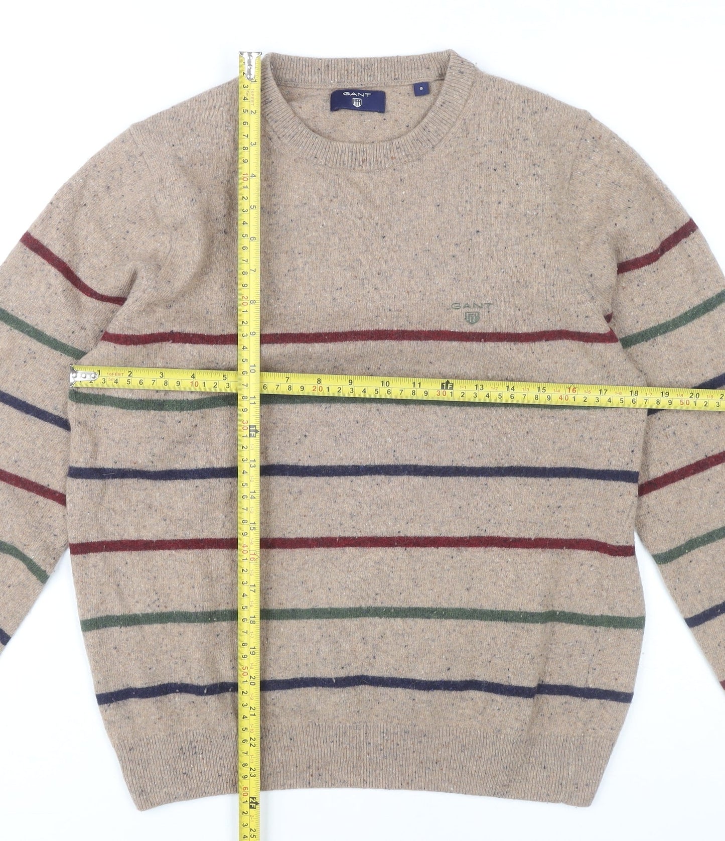 Gant Men Beige Wool Blend Striped Jumper Size S Crew Neck