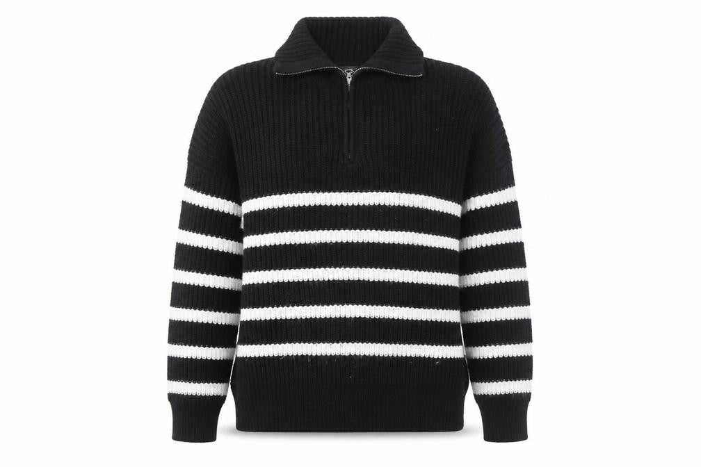 AX Paris Womens Black White Striped Collared Half Zip Chunky Knit Jumper M