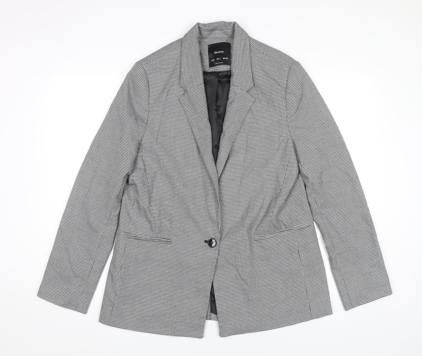 Bershka Women Black Houndstooth Blazer L Regular Fit Tailored Jacket