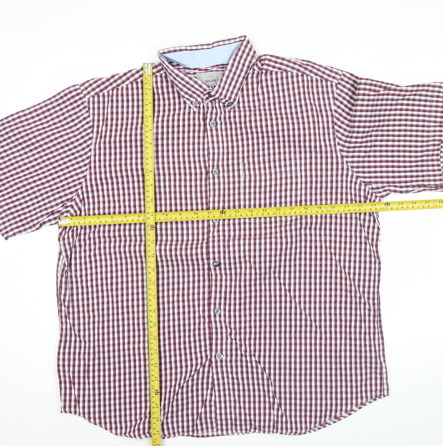 Marks and Spencer Men's XL Red Check Short Sleeve Button-Up Shirt