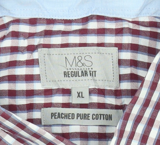 Marks and Spencer Men's XL Red Check Short Sleeve Button-Up Shirt