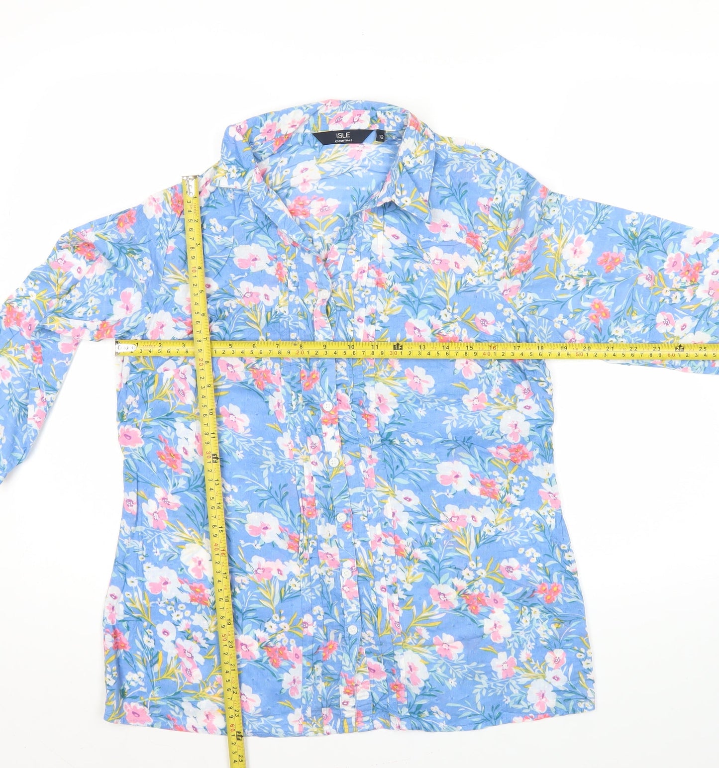 Isle Essentials Womens Blue Floral Button-Up Tunic Shirt Size 12