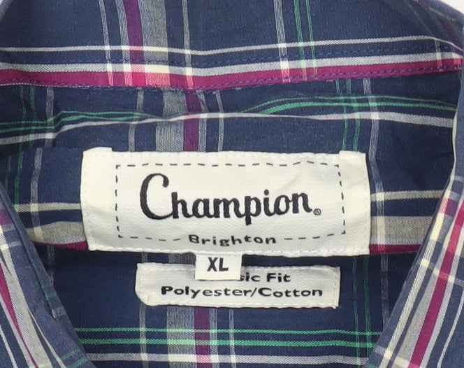 Champion Men’s Blue Plaid Short Sleeve Button-Up Shirt XL Classic Fit