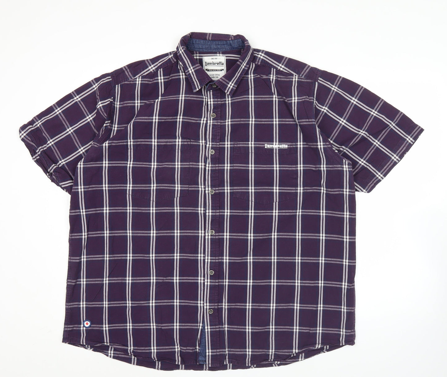 Lambretta Men’s Purple Checked Cotton Short Sleeve Button-Up Shirt XL