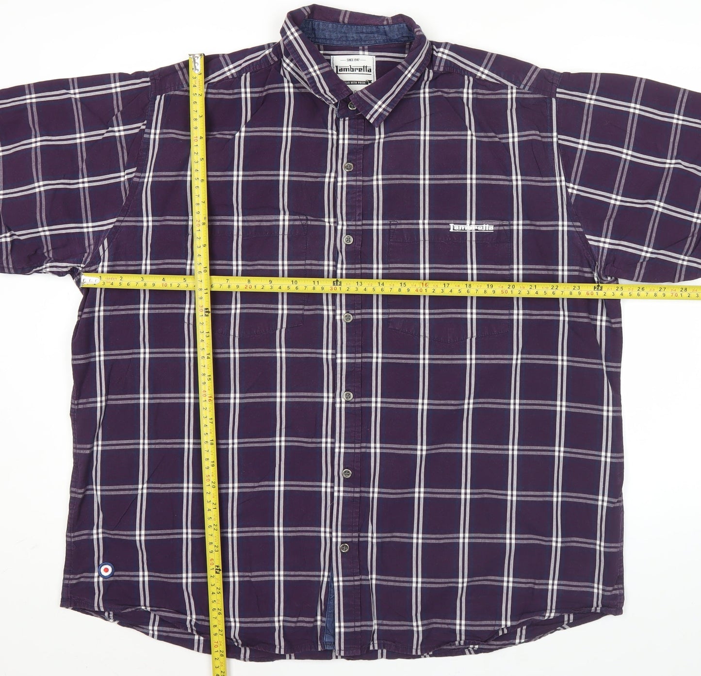 Lambretta Men’s Purple Checked Cotton Short Sleeve Button-Up Shirt XL