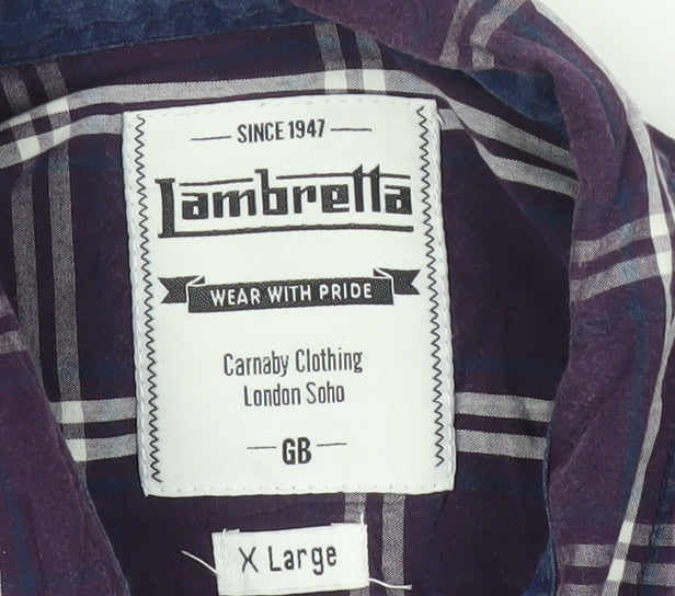 Lambretta Men’s Purple Checked Cotton Short Sleeve Button-Up Shirt XL