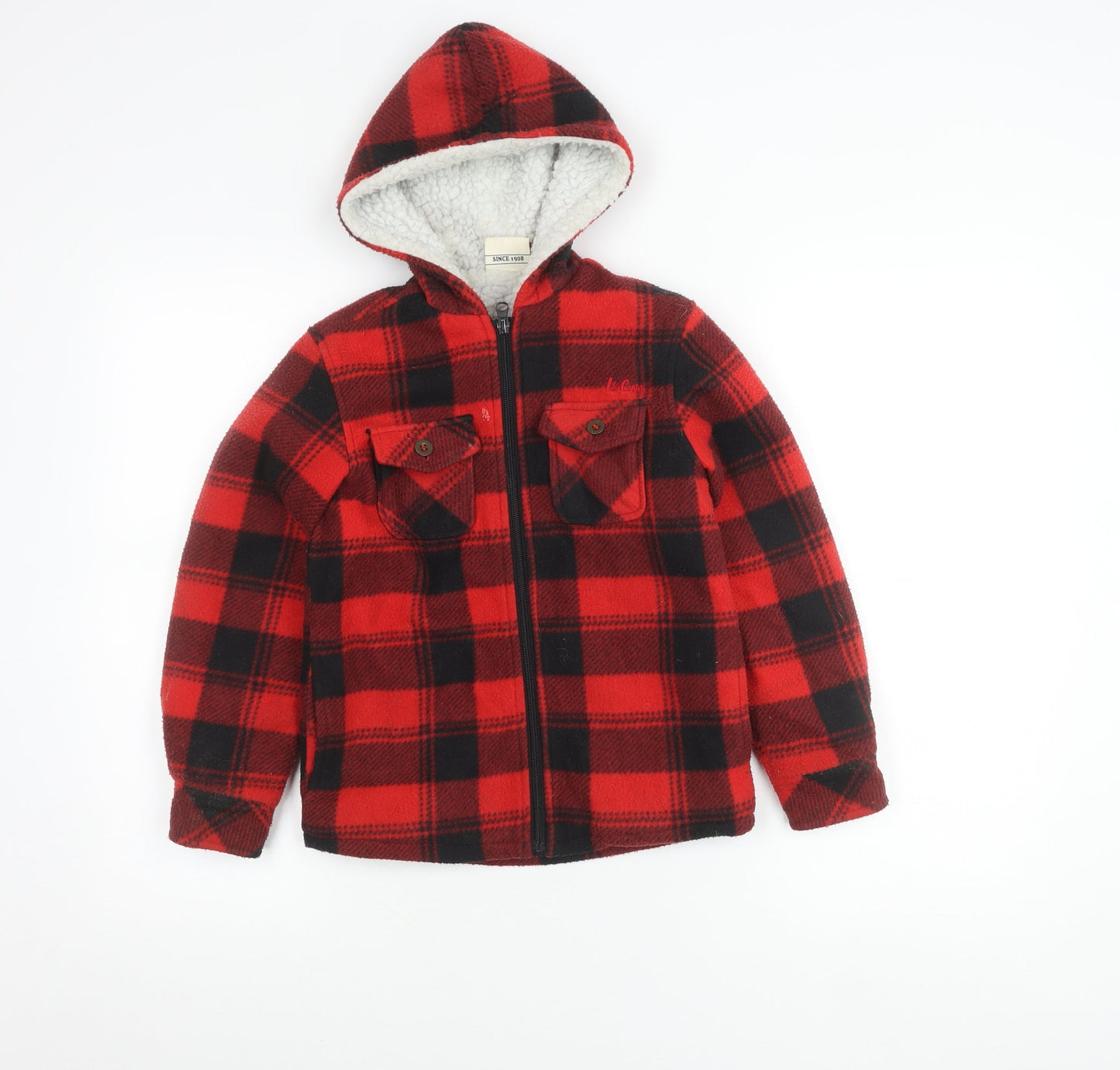 Lee Cooper Boys Red Black Plaid Hooded Shirt Jacket 7-8Y Polyester Winter