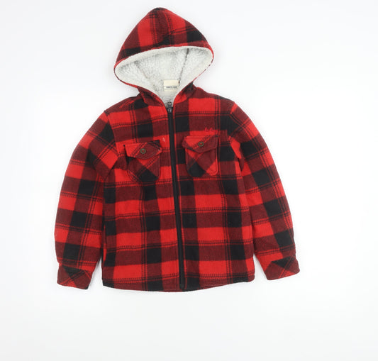 Lee Cooper Boys Red Black Plaid Hooded Shirt Jacket 7-8Y Polyester Winter