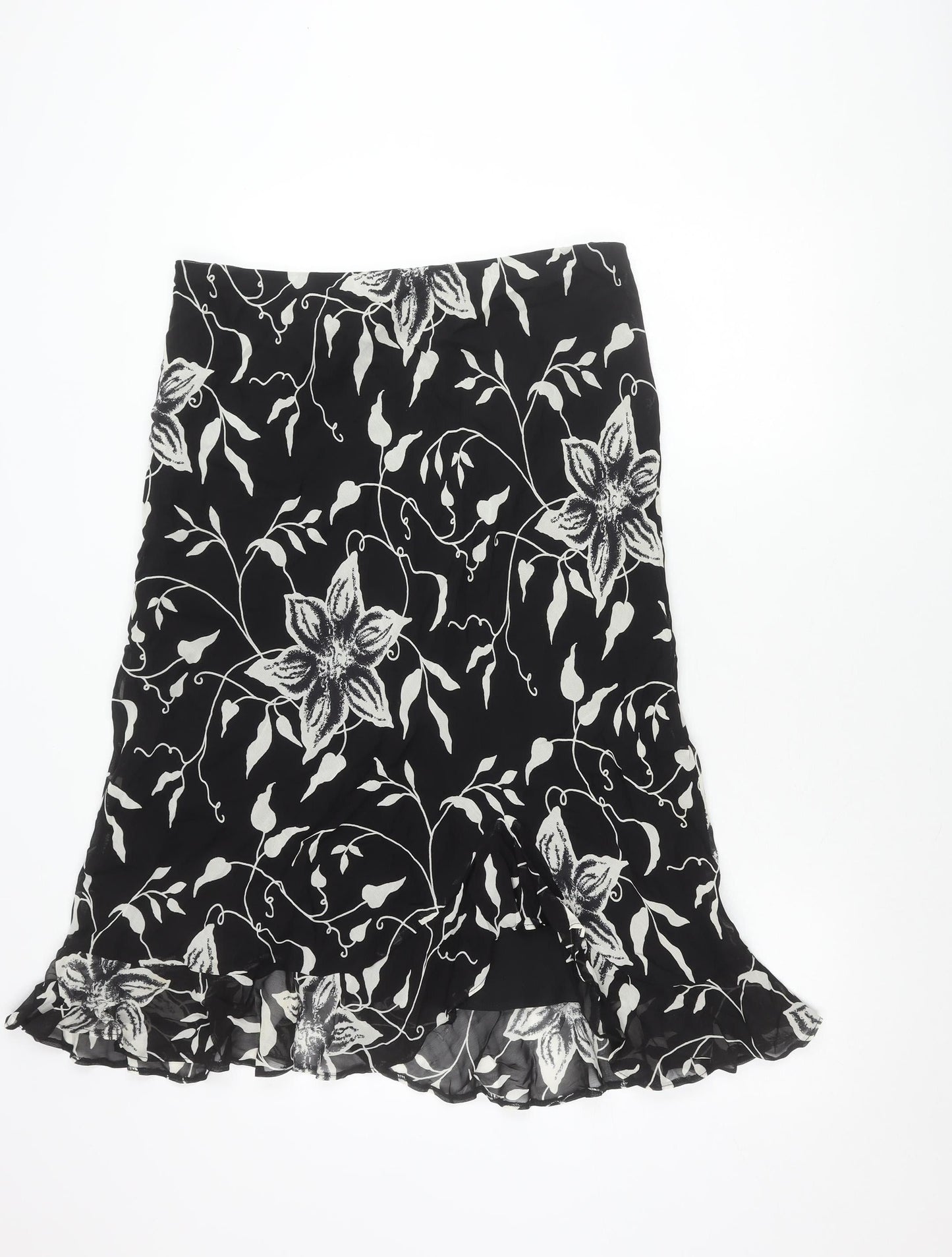 Amanda And Co Womens Black Floral Wrap Skirt Size 16 Knee Length Ruffle