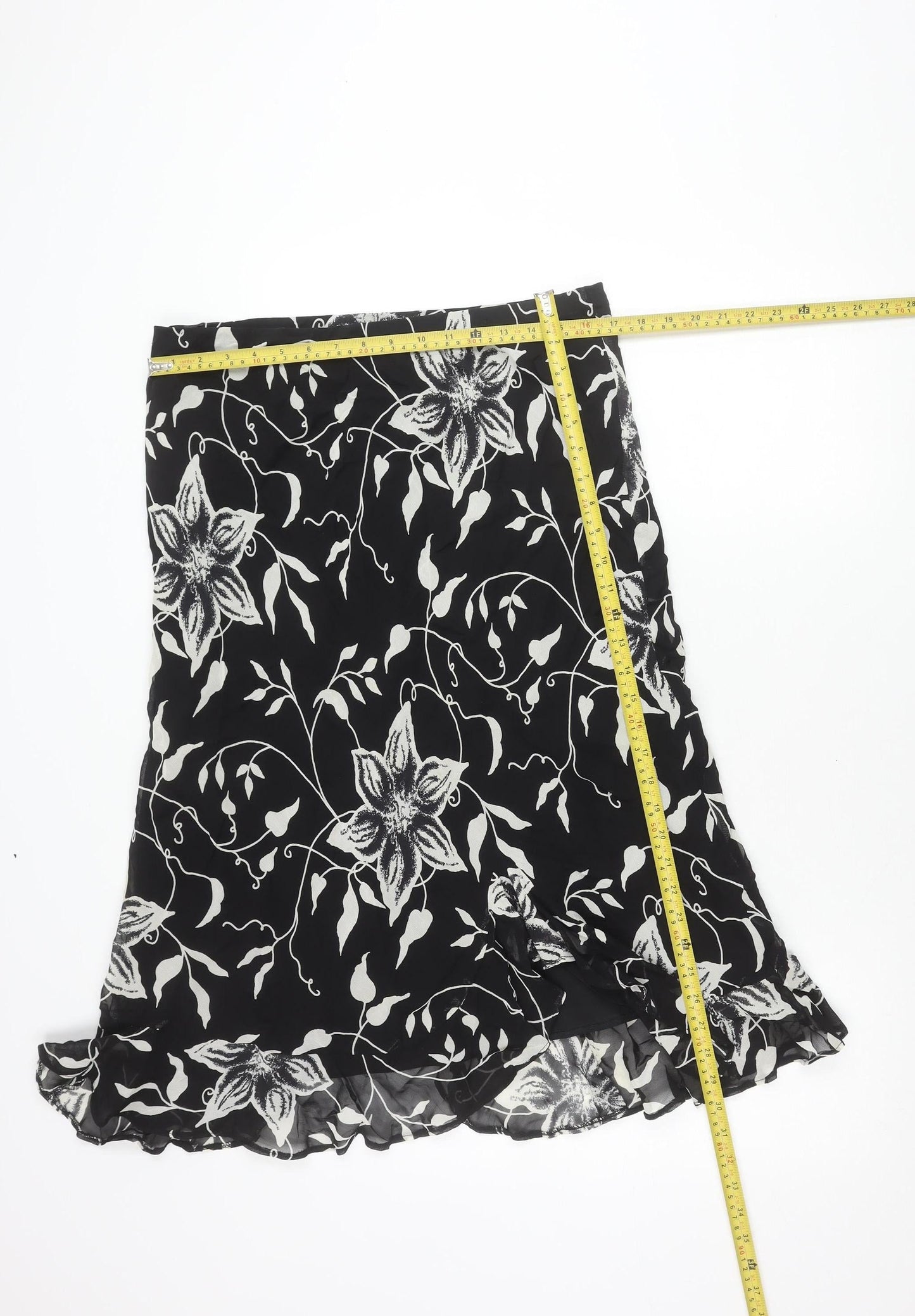 Amanda And Co Womens Black Floral Wrap Skirt Size 16 Knee Length Ruffle