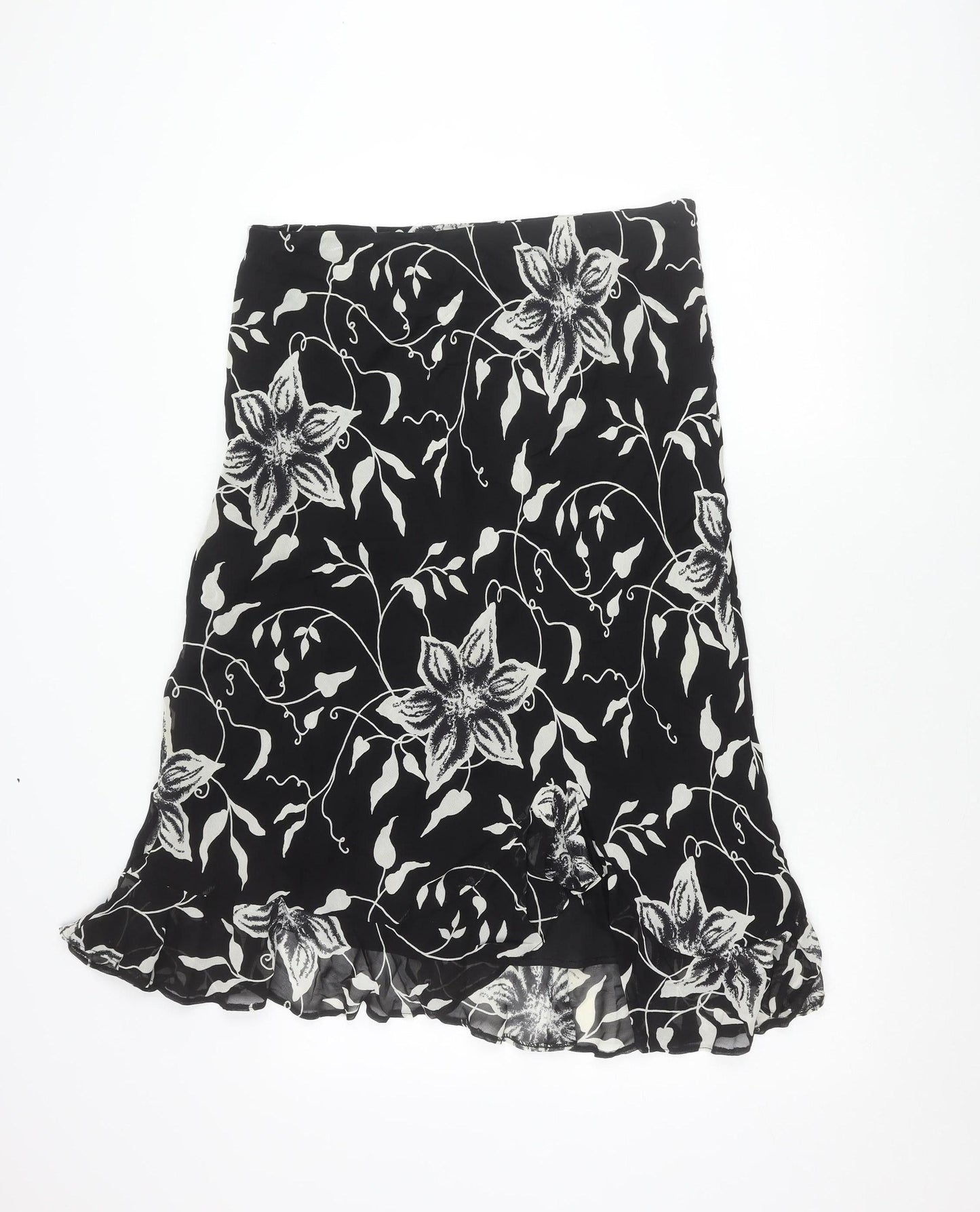 Amanda And Co Womens Black Floral Wrap Skirt Size 16 Knee Length Ruffle
