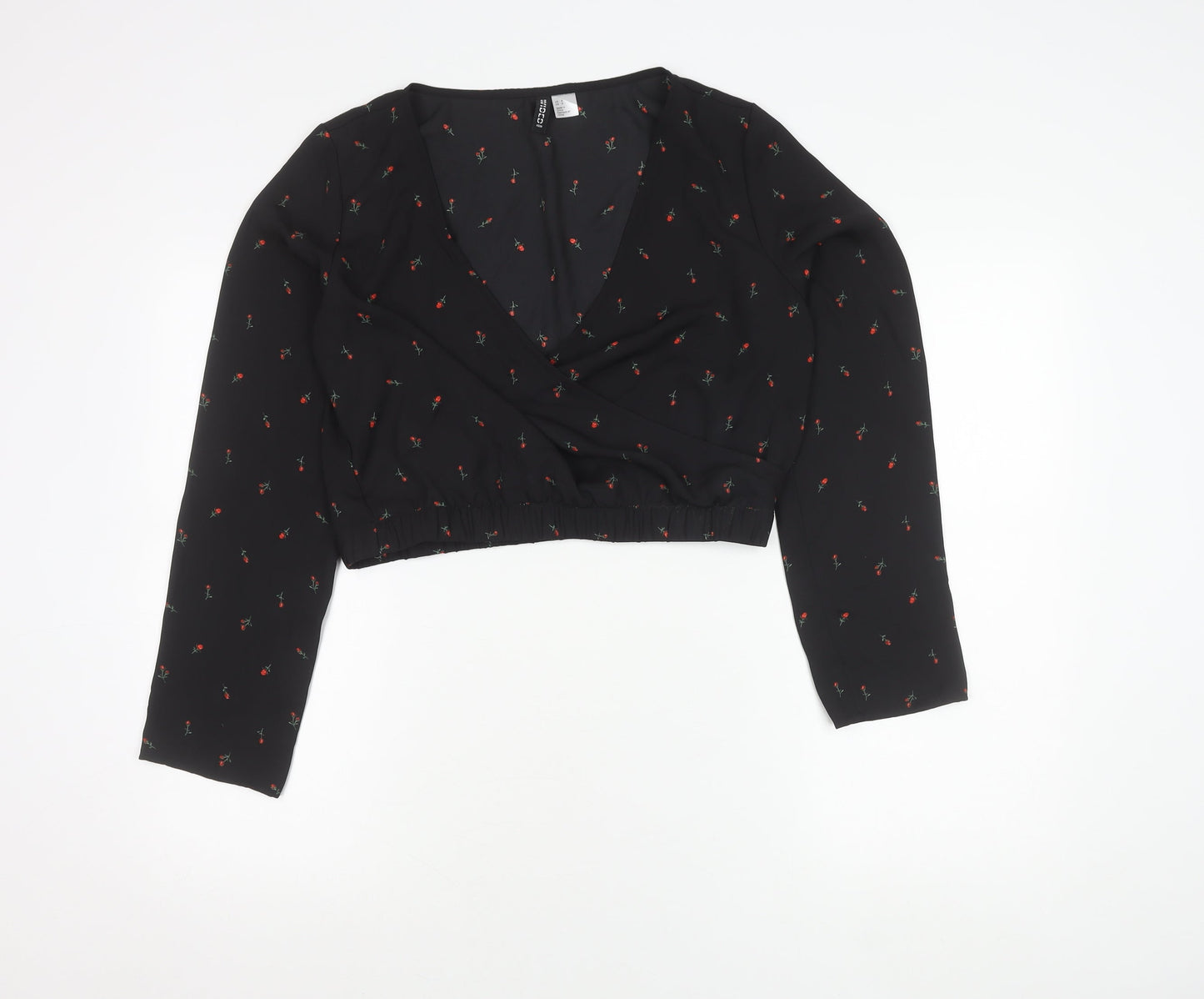 H&M Divided Women’s Black Floral Wrap Crop Blouse Size 12 Long Sleeve