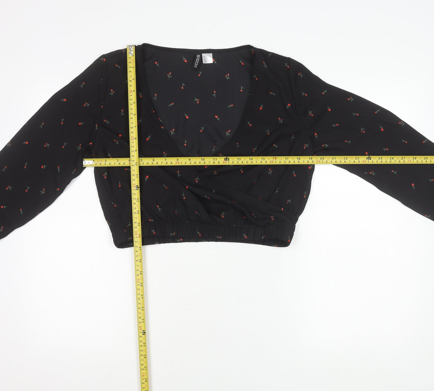 H&M Divided Women’s Black Floral Wrap Crop Blouse Size 12 Long Sleeve
