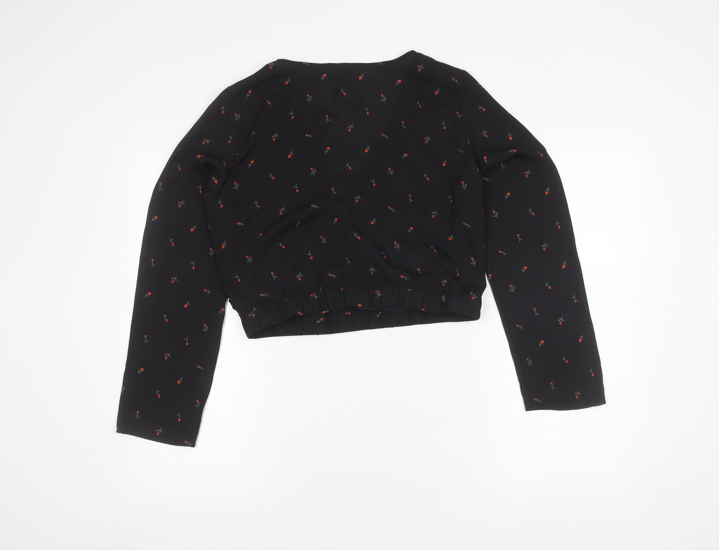 H&M Divided Women’s Black Floral Wrap Crop Blouse Size 12 Long Sleeve