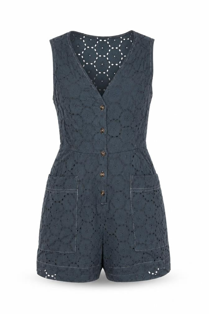 Front view of ASOS Design Women’s Grey Cotton Lace Playsuit UK 10 Scoop Neck Sleeveless