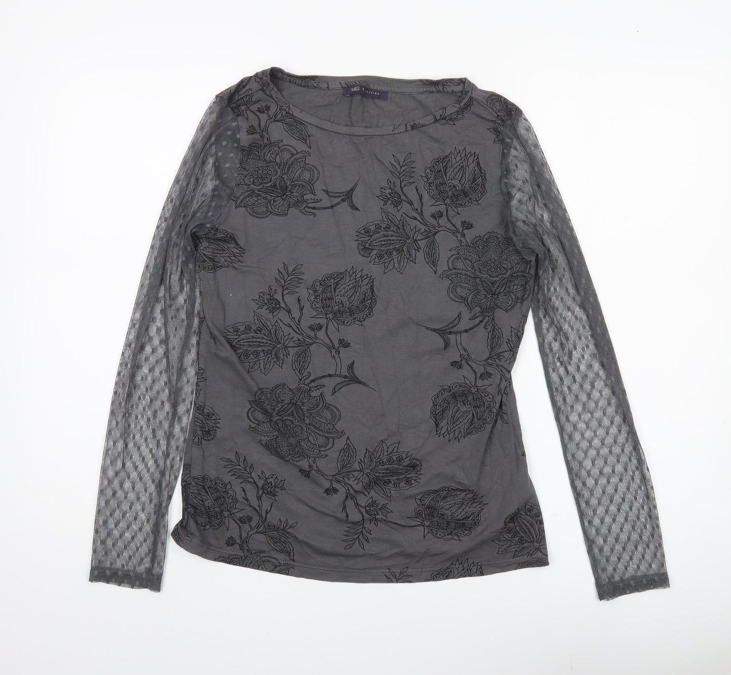 Marks and Spencer Women Grey Floral Mesh Long Sleeve Tunic Blouse UK 10
