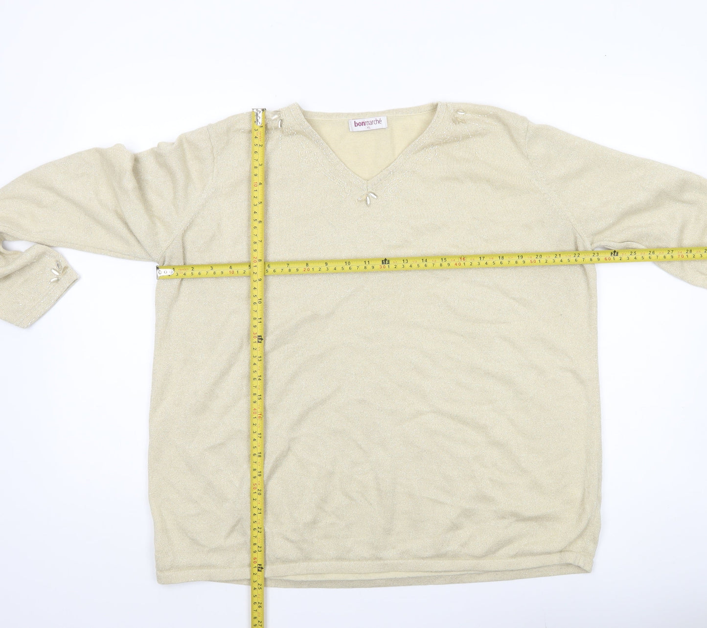 Bonmarché Women’s Beige V-Neck Pullover Jumper XL Long Sleeve Knit