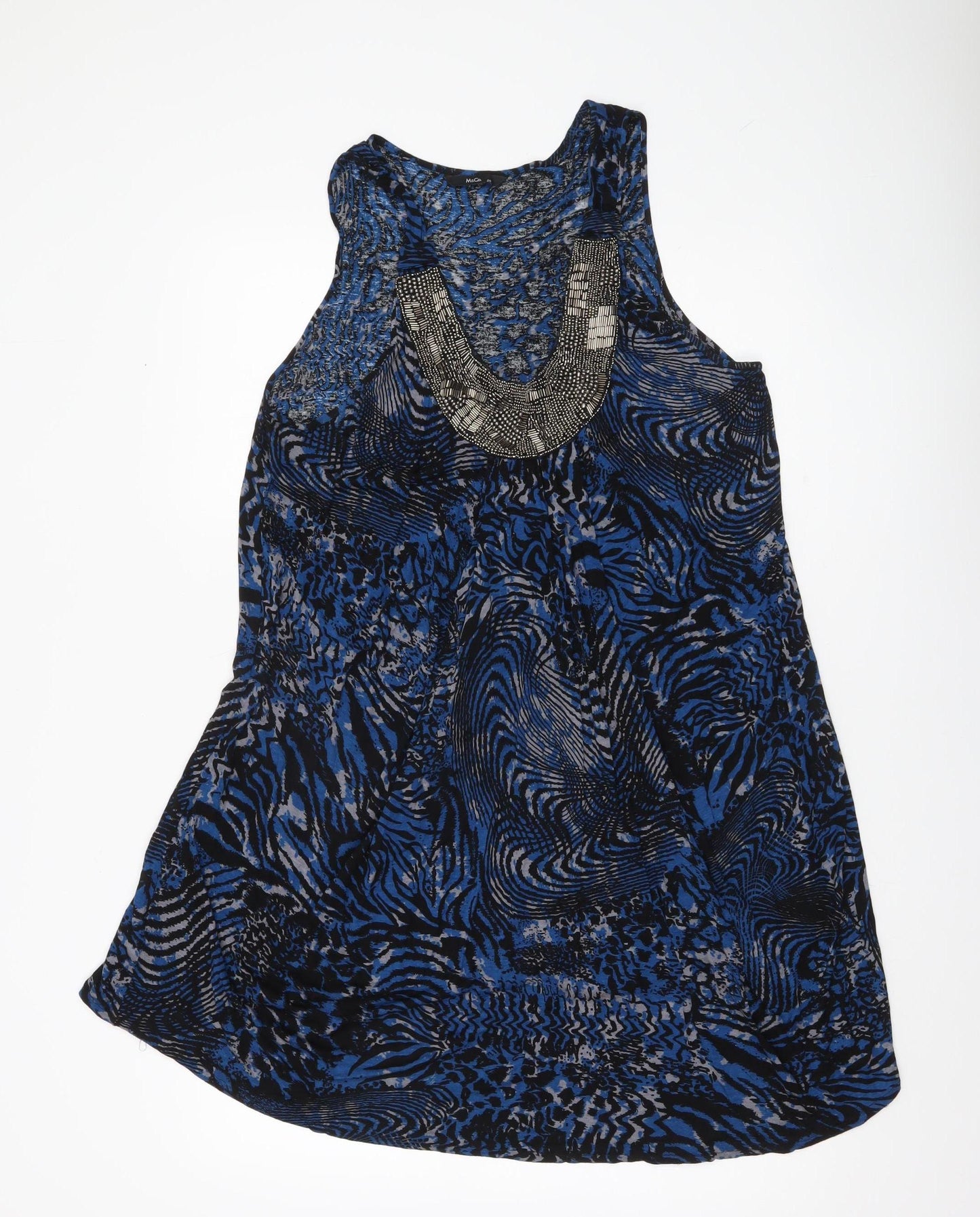 M&Co Womens Blue Black Animal Print Shift Dress Size 20 Beaded Neckline