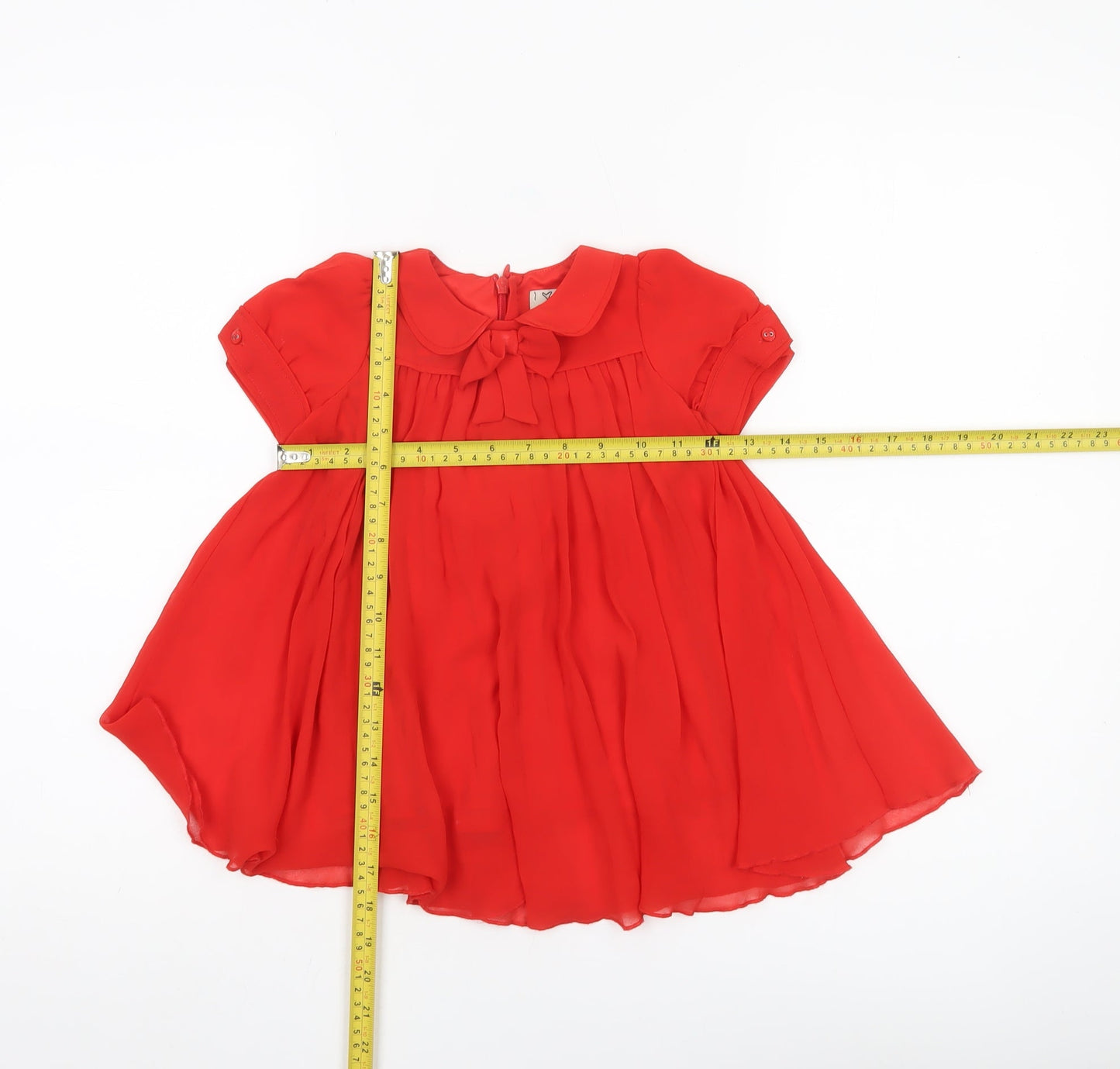 Next Girls Red A-Line Party Dress 12-18 Months Puff Sleeve Bow Detail