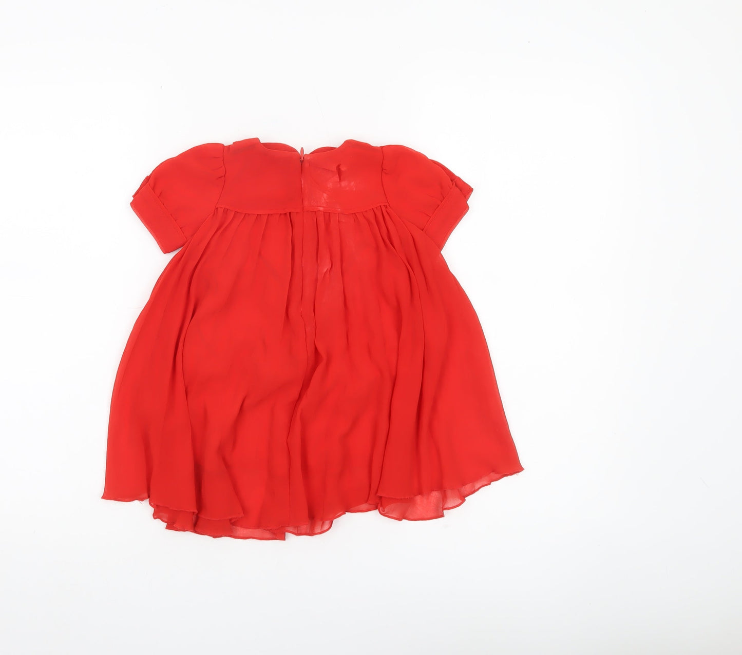 Next Girls Red A-Line Party Dress 12-18 Months Puff Sleeve Bow Detail
