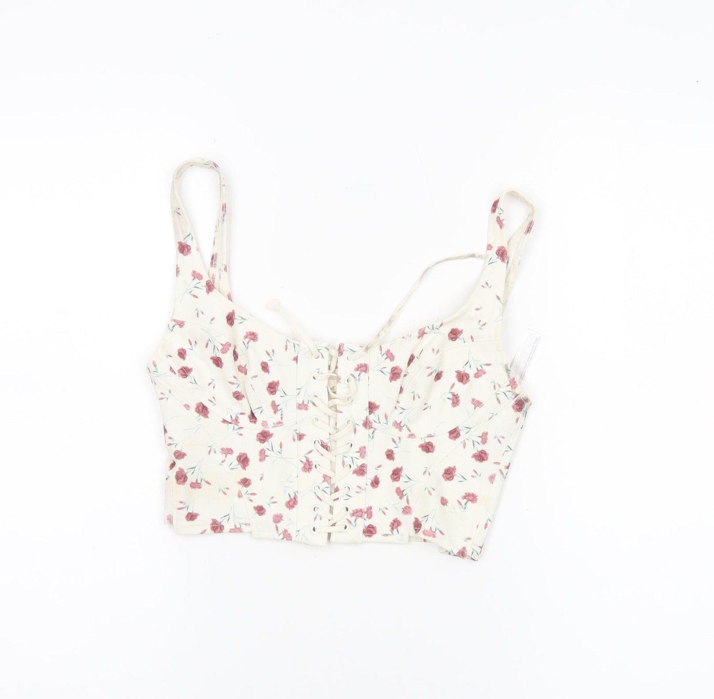 Urban Outfitters Women’s Ivory Floral Cropped Lace Up Tank Top S