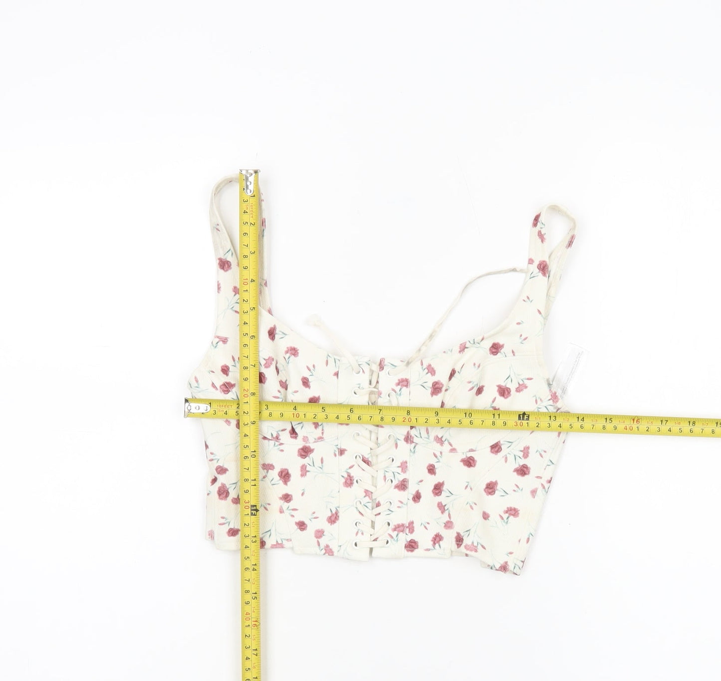 Urban Outfitters Women’s Ivory Floral Cropped Lace Up Tank Top S
