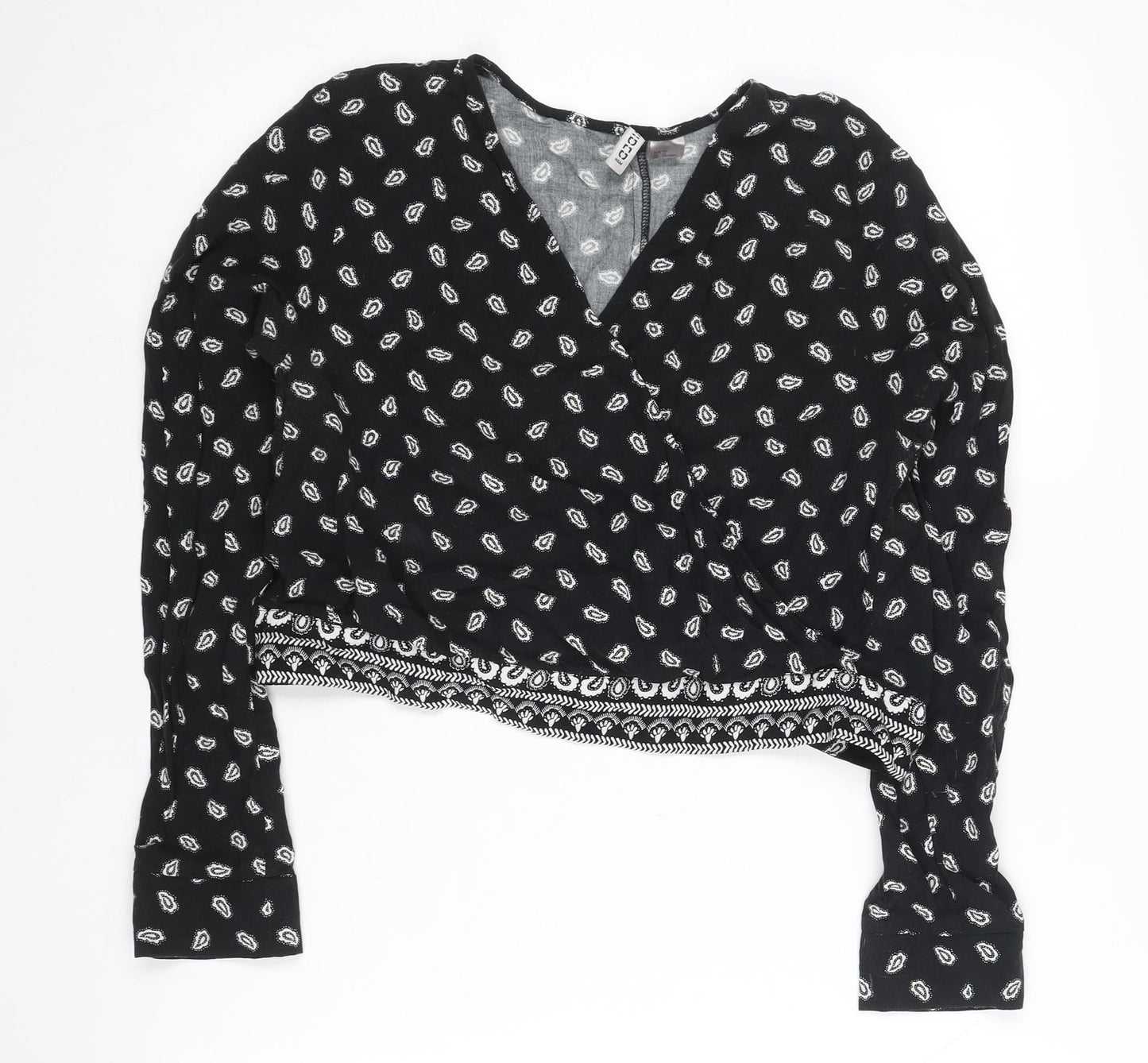 H&M Womens Black Paisley Wrap Blouse Size 14 Long Sleeve Casual