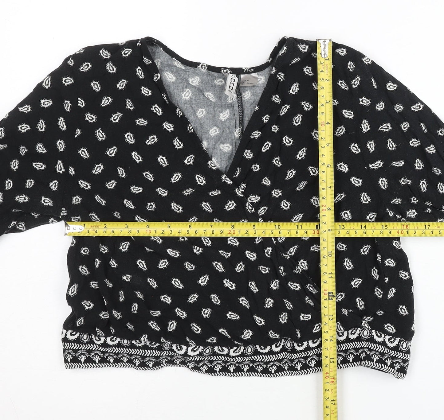 H&M Womens Black Paisley Wrap Blouse Size 14 Long Sleeve Casual