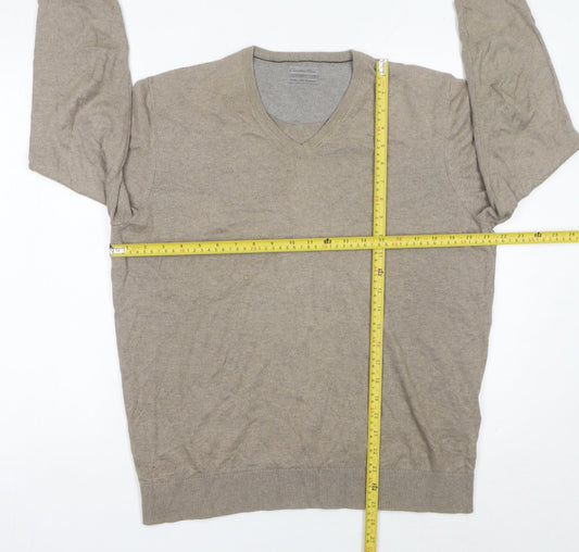 Emidio Tucci Men's Beige V-Neck Cotton Silk Cashmere Jumper L