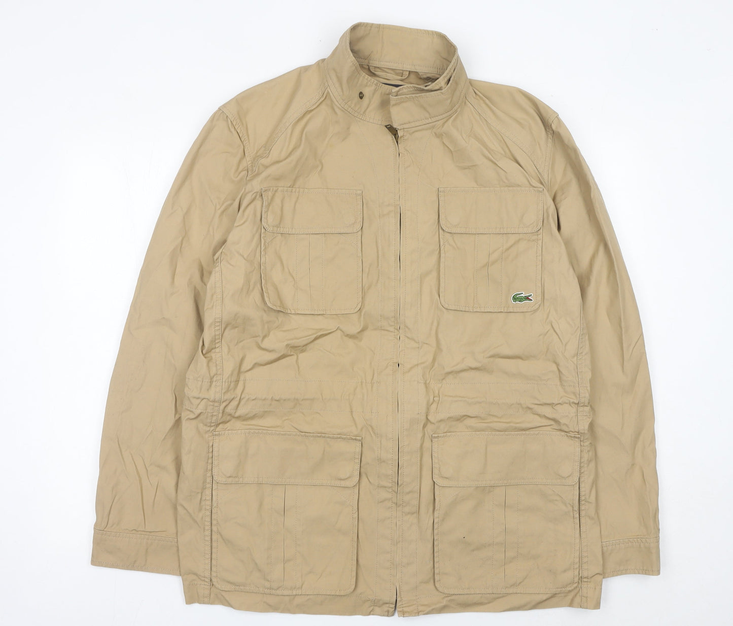 Lacoste Mens Beige Military Jacket 2XL Mid-Length Cotton Full Zip