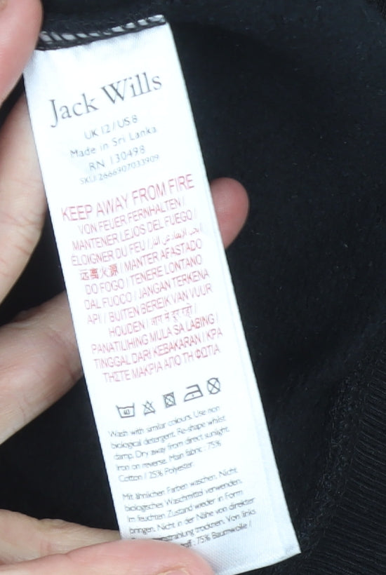 Jack Wills Womens Black Hoodie UK 12 Logo Pullover Sweatshirt