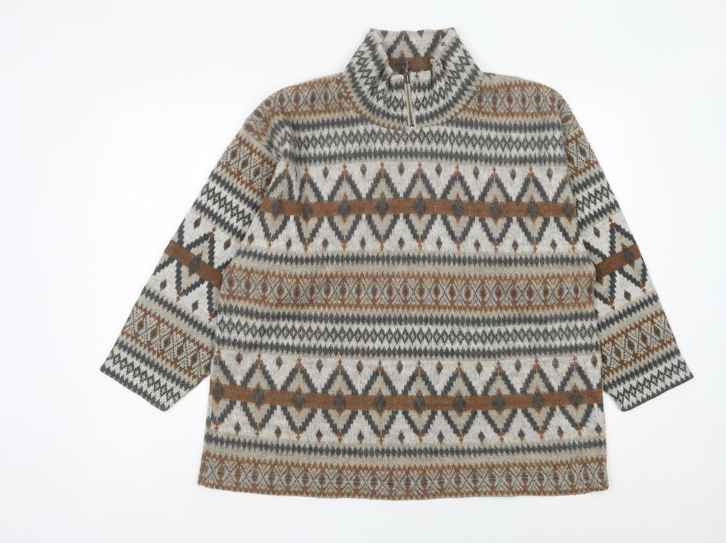 Instyle Womens Brown Grey Fair Isle 1/4 Zip Wool Blend Sweatshirt One Size