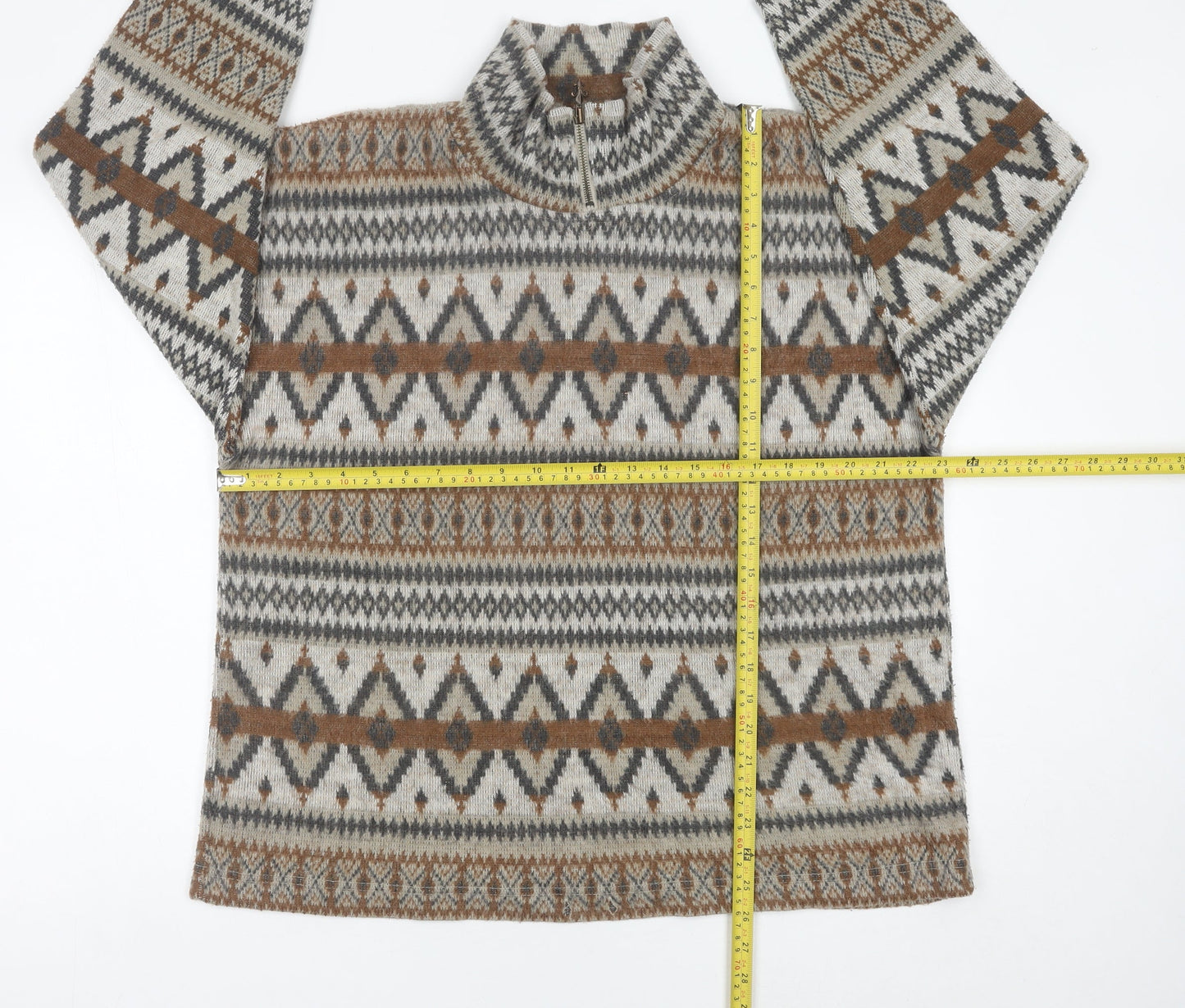 Instyle Womens Brown Grey Fair Isle 1/4 Zip Wool Blend Sweatshirt One Size