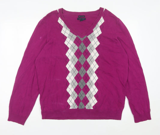 Tommy Hilfiger Men’s Purple Argyle Cotton Jumper 2XL V-Neck Knit