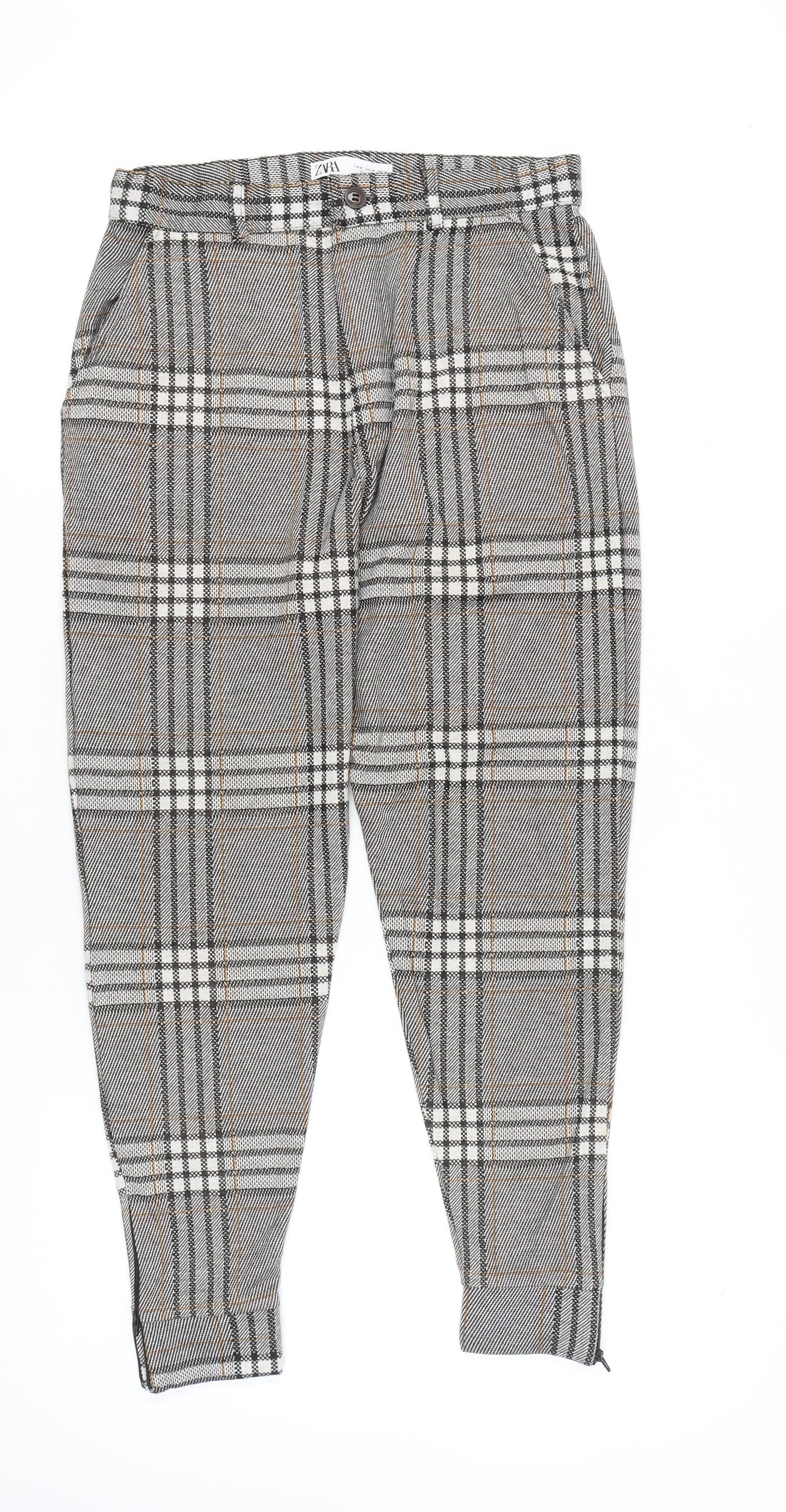 Zara Women Grey Tartan Plaid Slim Tapered Trousers Size M
