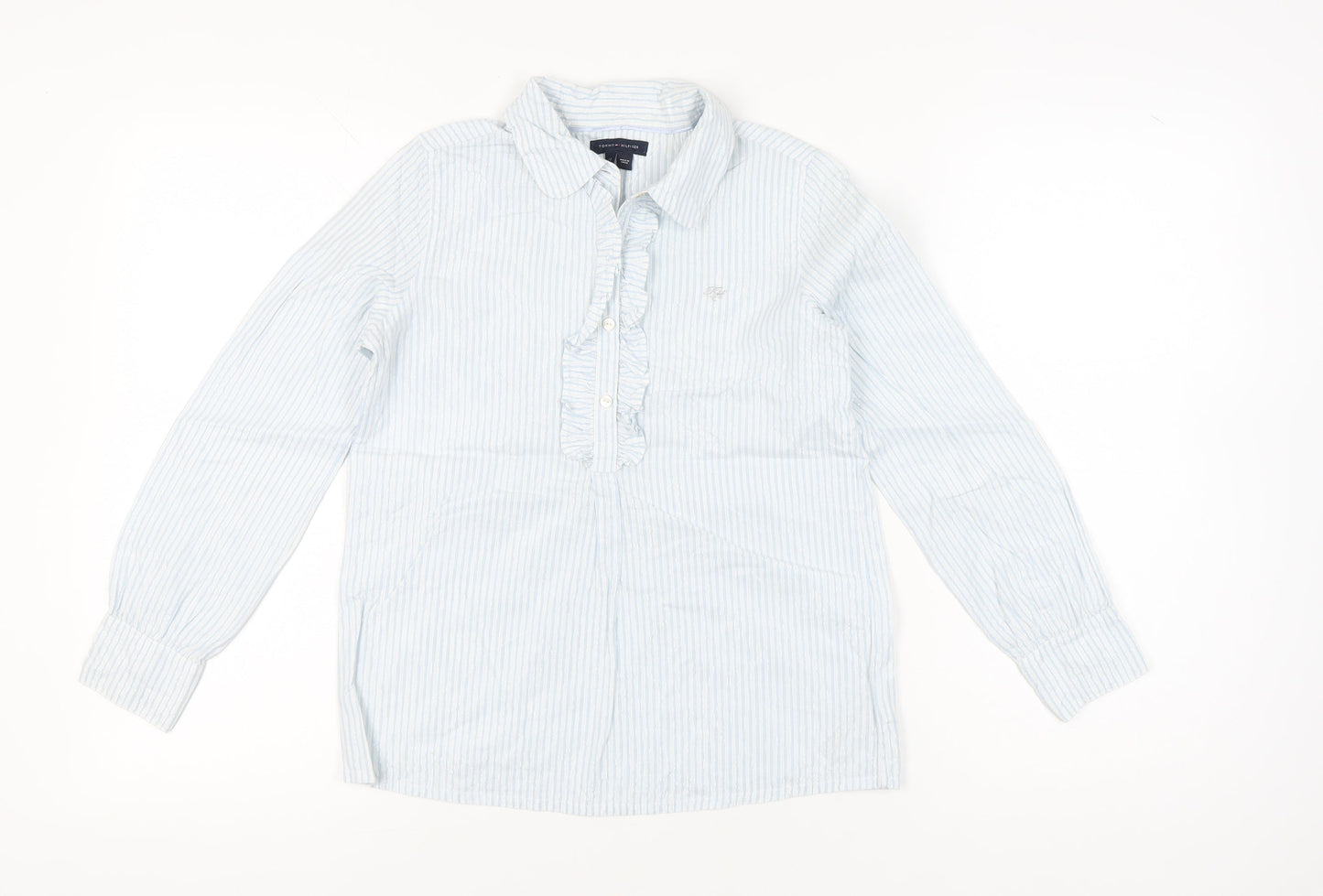 Tommy Hilfiger Girls Blue Striped Ruffle Blouse Shirt 12 Years Long Sleeve