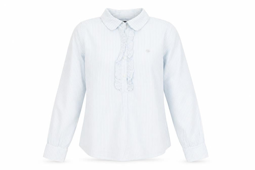 Front view of Tommy Hilfiger girls’ blue striped ruffle blouse shirt 12 years long sleeve