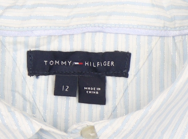 Tommy Hilfiger Girls Blue Striped Ruffle Blouse Shirt 12 Years Long Sleeve